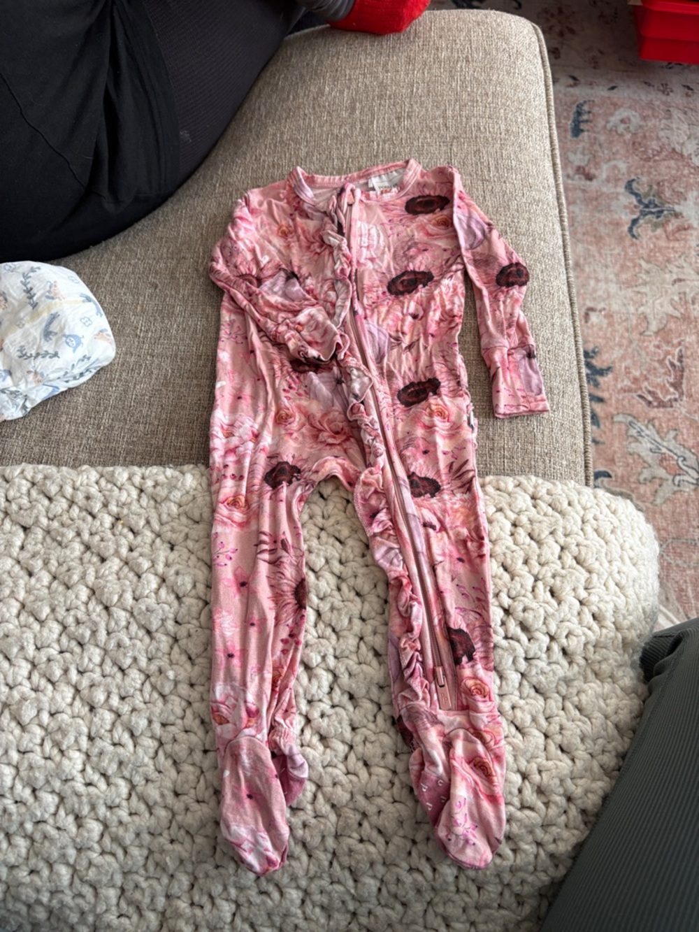 Posh Peanut Pink Floral Footed One-Piece with Ruffle Trim